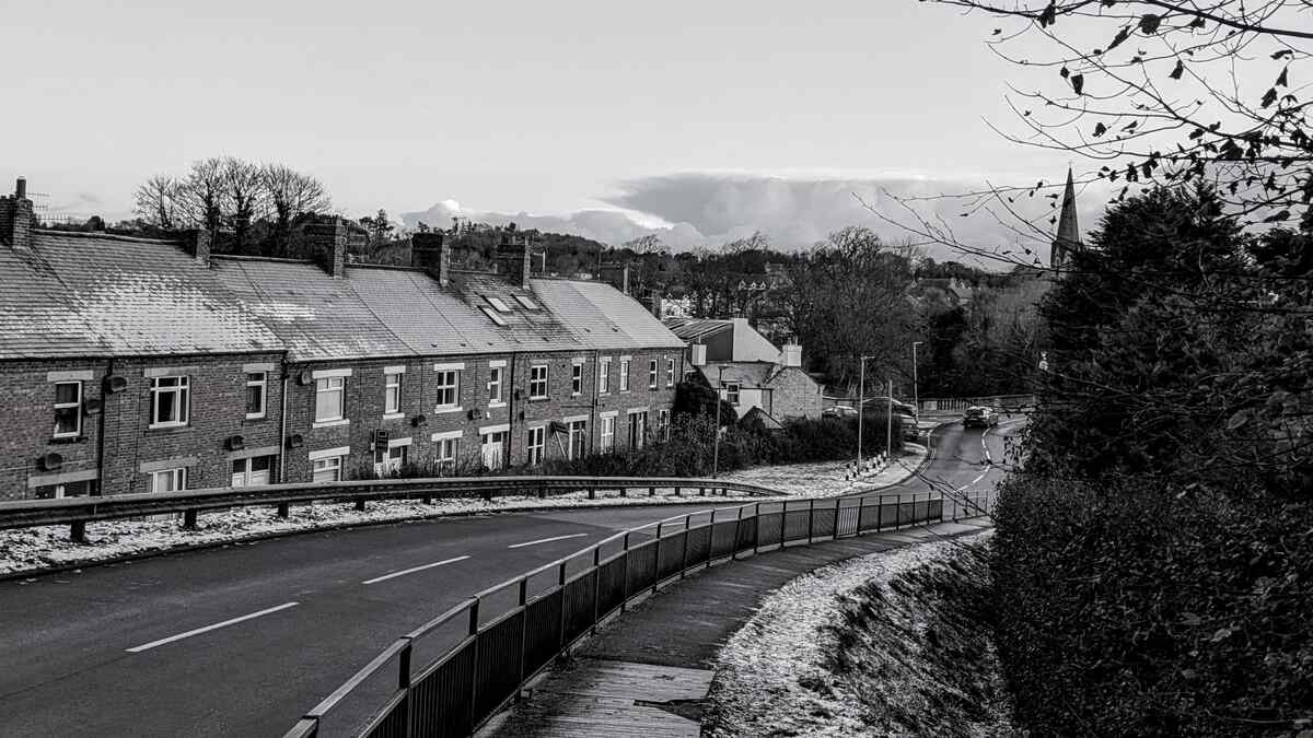 A row of houses next to a road, with a church in the background and a bush in the foreground