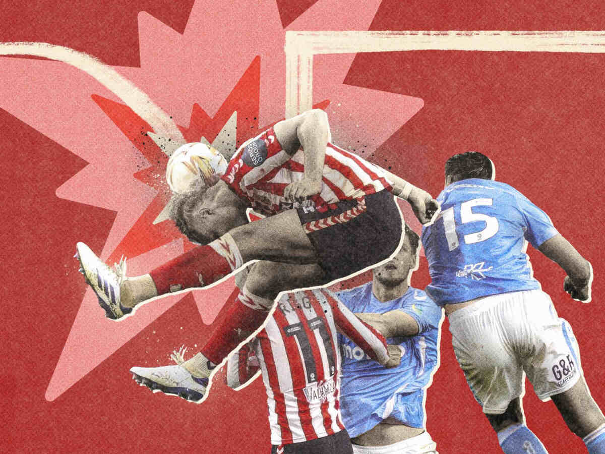 Photo montage of Sunderland defender Dan Ballard scoring an unconventional header in the Championship playoff semi-final