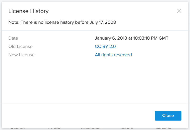 Screenshot of Flickr license history showing that the license was changed on January 6, 2018 from CC BY 2.0 license to the current Copyright (All Rights Reserved)